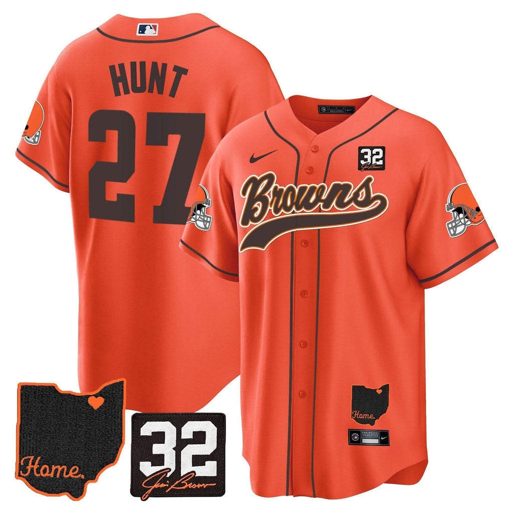 CLE #32 Jim Brown Memorial & Home Patch Baseball Jersey V2