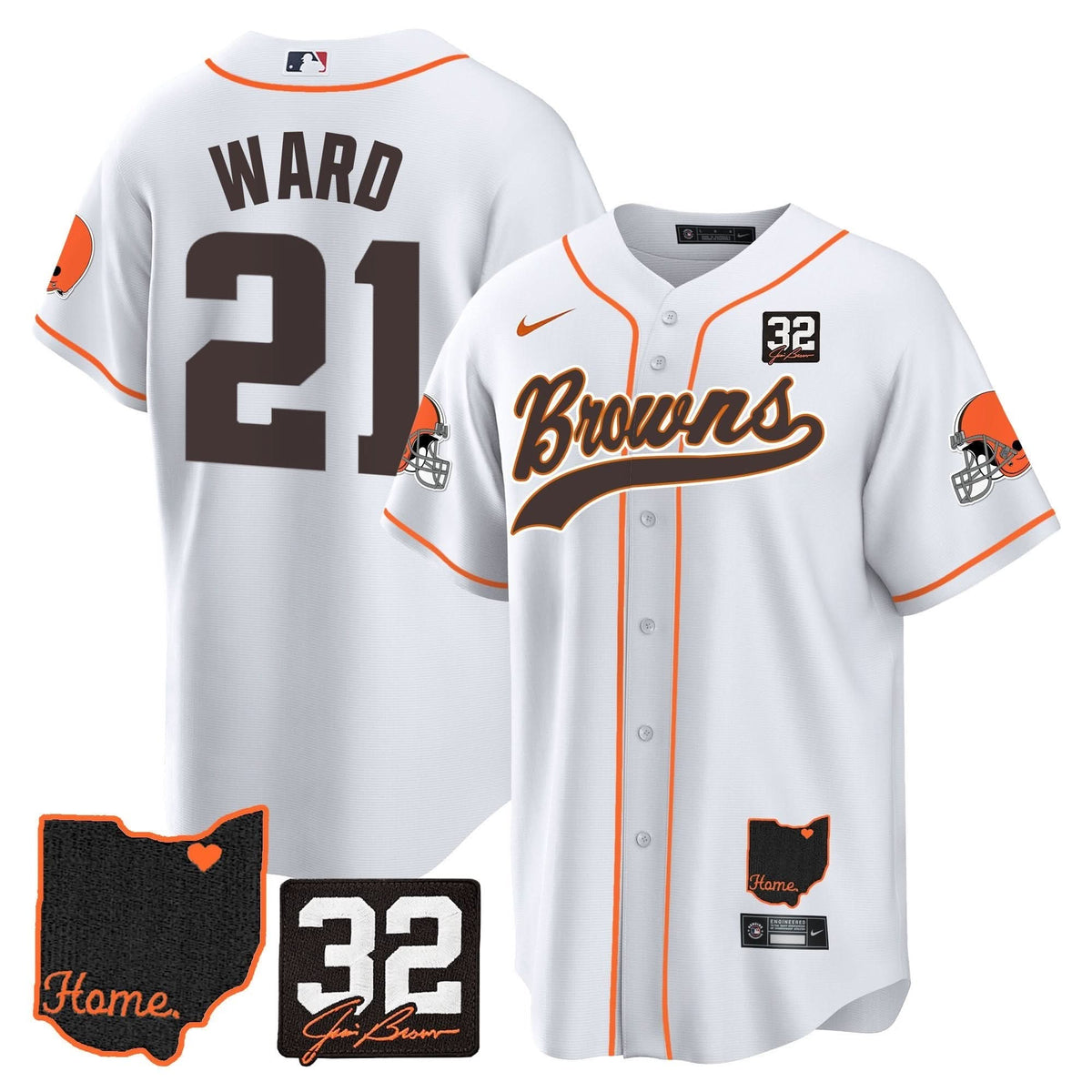 CLE #32 Jim Brown Memorial & Home Patch Baseball Jersey V2