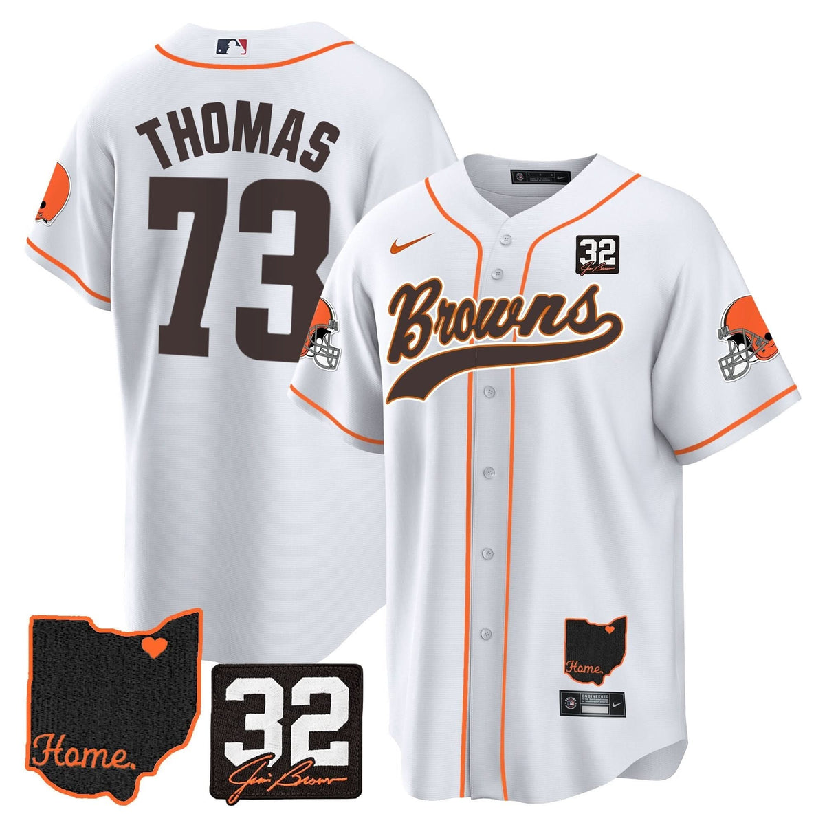 CLE #32 Jim Brown Memorial & Home Patch Baseball Jersey V2