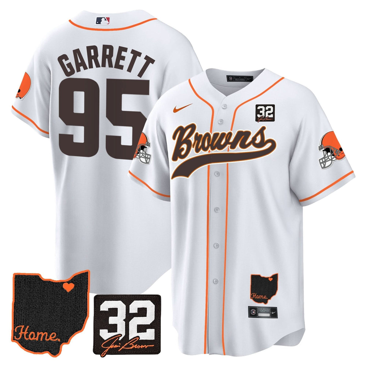 CLE #32 Jim Brown Memorial & Home Patch Baseball Jersey V2
