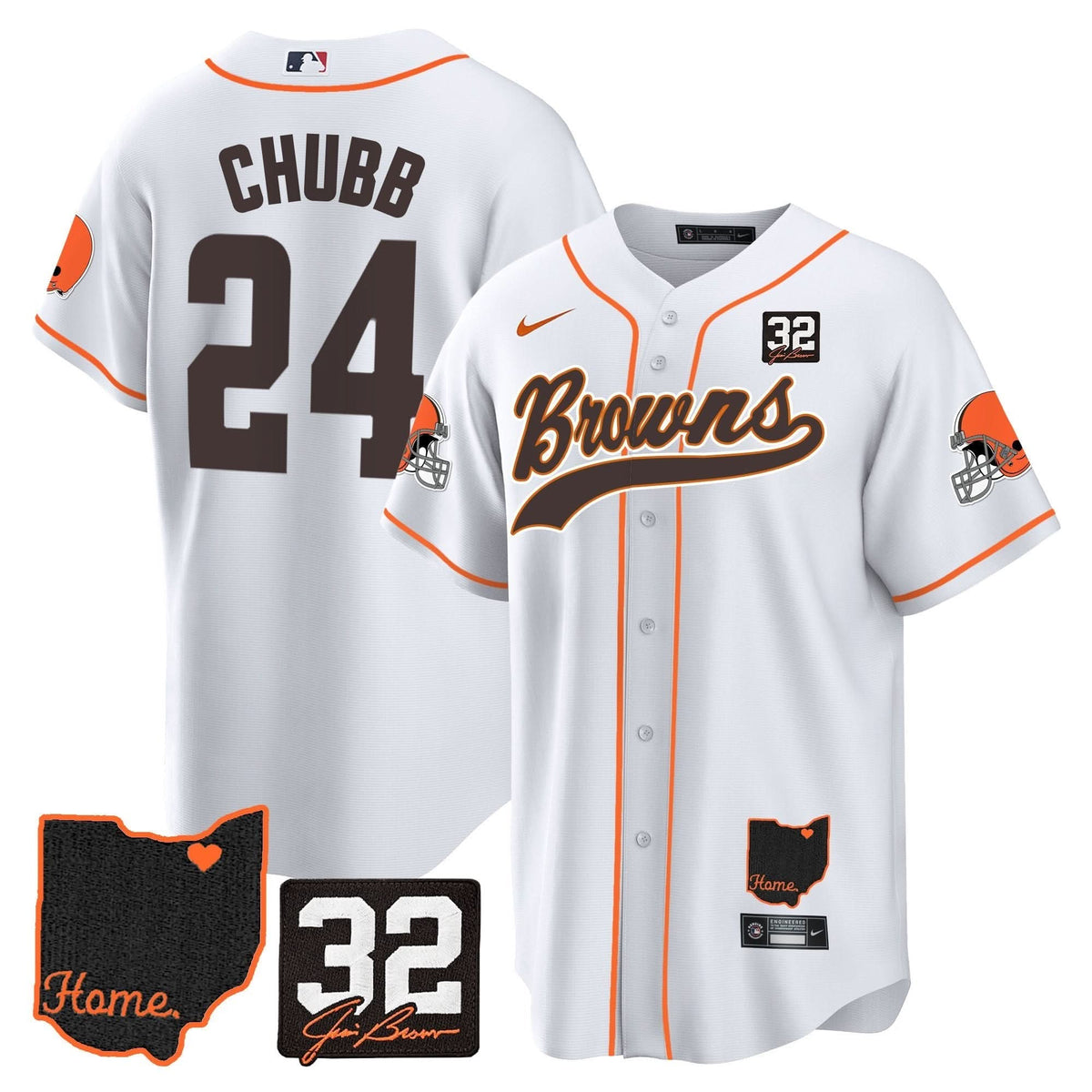 CLE #32 Jim Brown Memorial & Home Patch Baseball Jersey V2