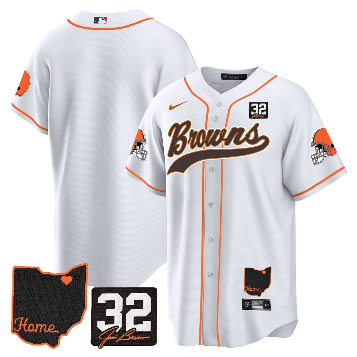 CLE #32 Jim Brown Memorial & Home Patch Baseball Jersey V2